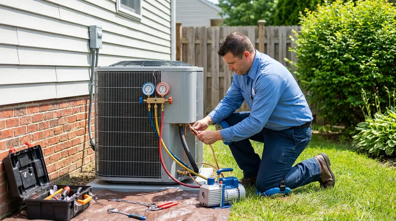 HVAC technician installing an outdoor central air condenser at a NJ home