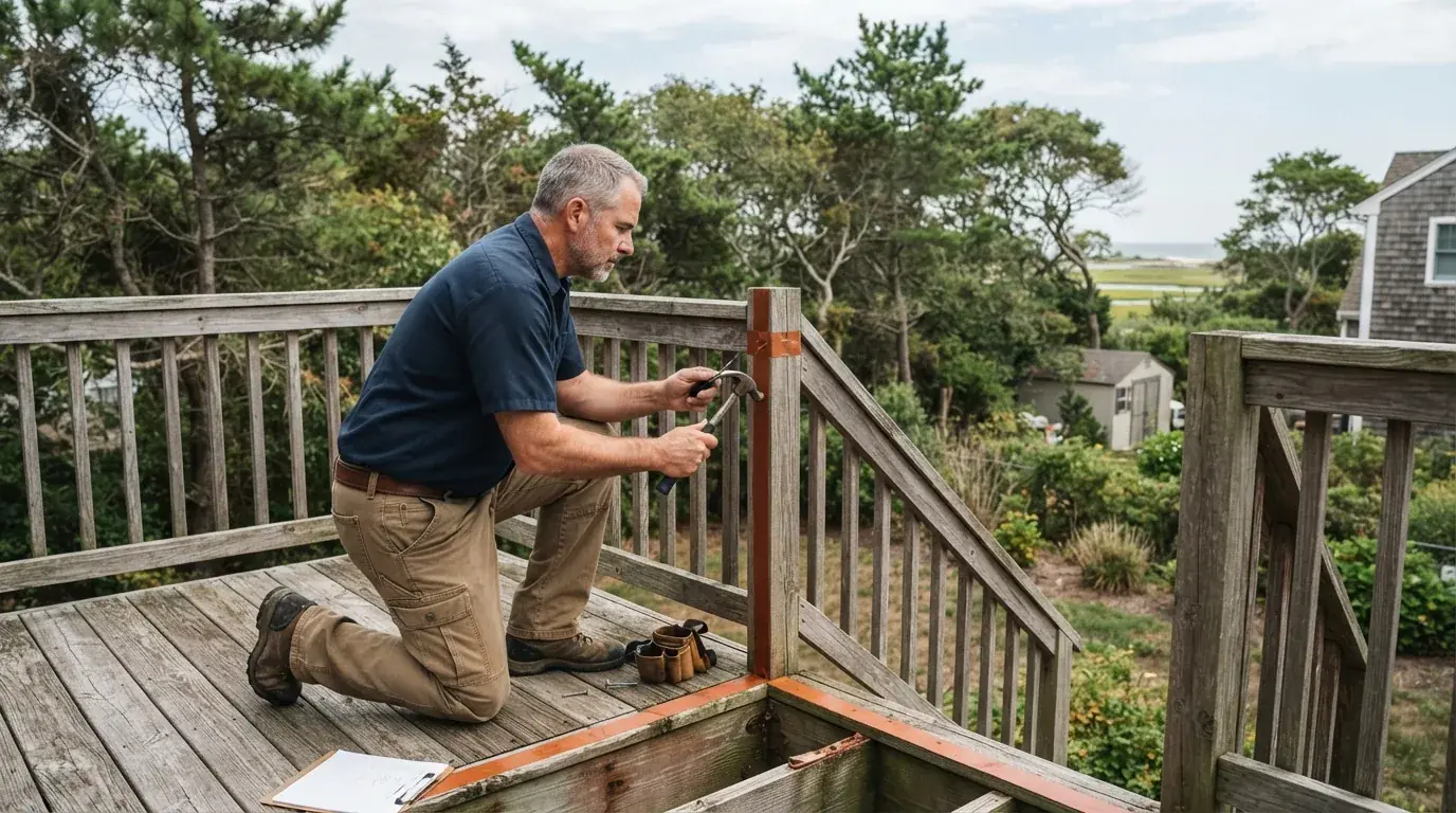 Homeowner inspecting a coastal deck in Monmouth County NJ before storm season
