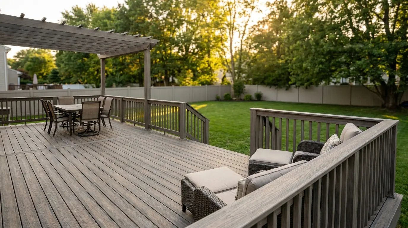 Low-maintenance composite deck in a NJ backyard