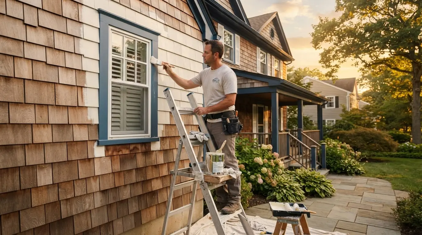 Professional painter applying fresh exterior paint to a Monmouth County NJ home