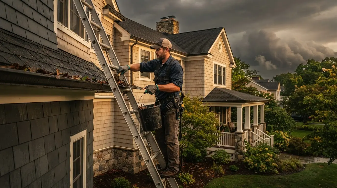 Professional cleaning gutters before an approaching summer storm in Monmouth County NJ