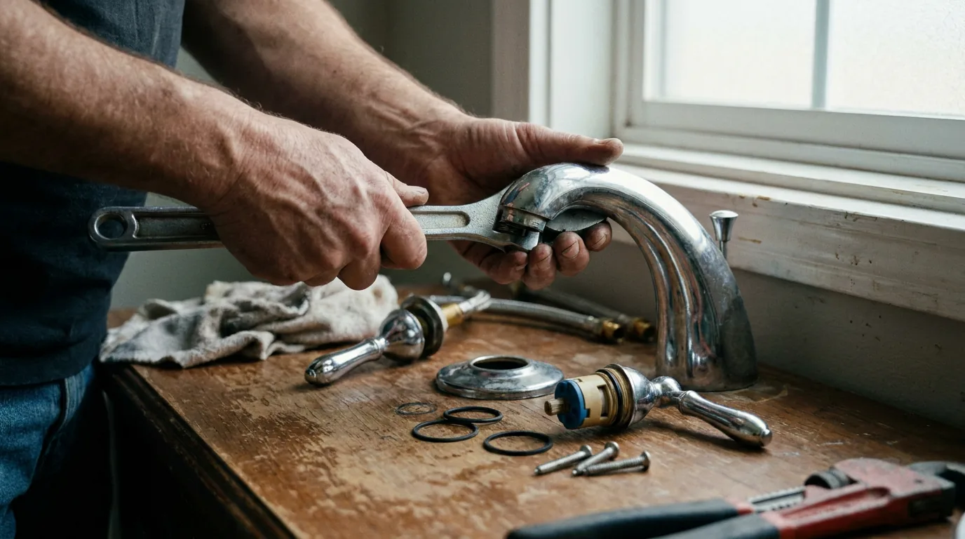 Close-up of hands repairing a bathroom faucet cartridge