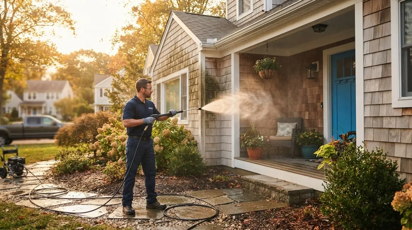 Professional power washing the exterior siding of a West Long Branch NJ home