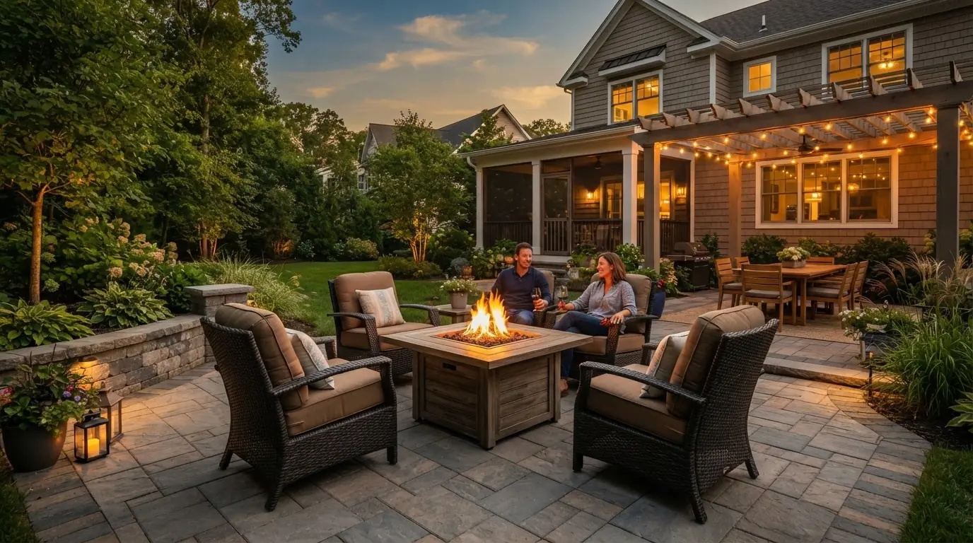 Beautifully finished paver patio with fire pit in a Monmouth County NJ backyard