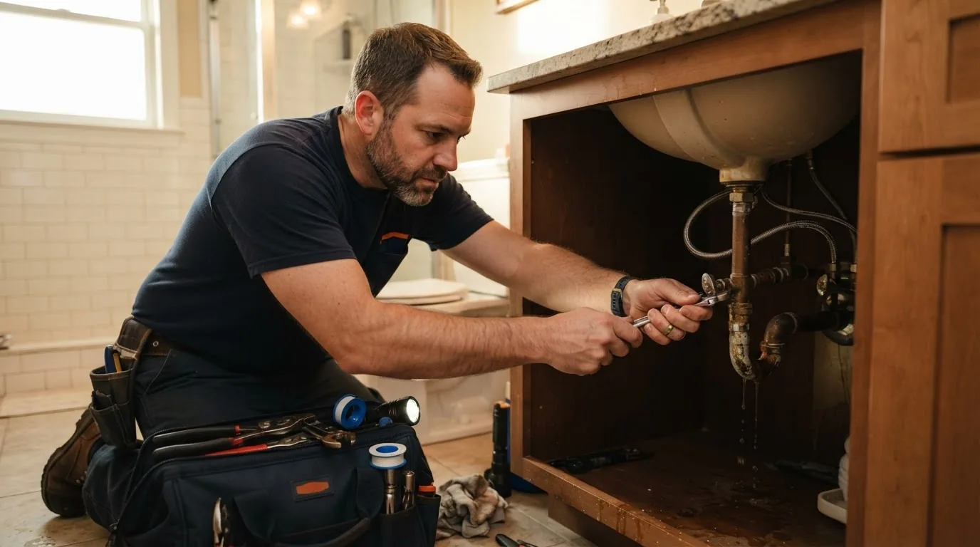 Plumber repairing pipes in a Freehold NJ home