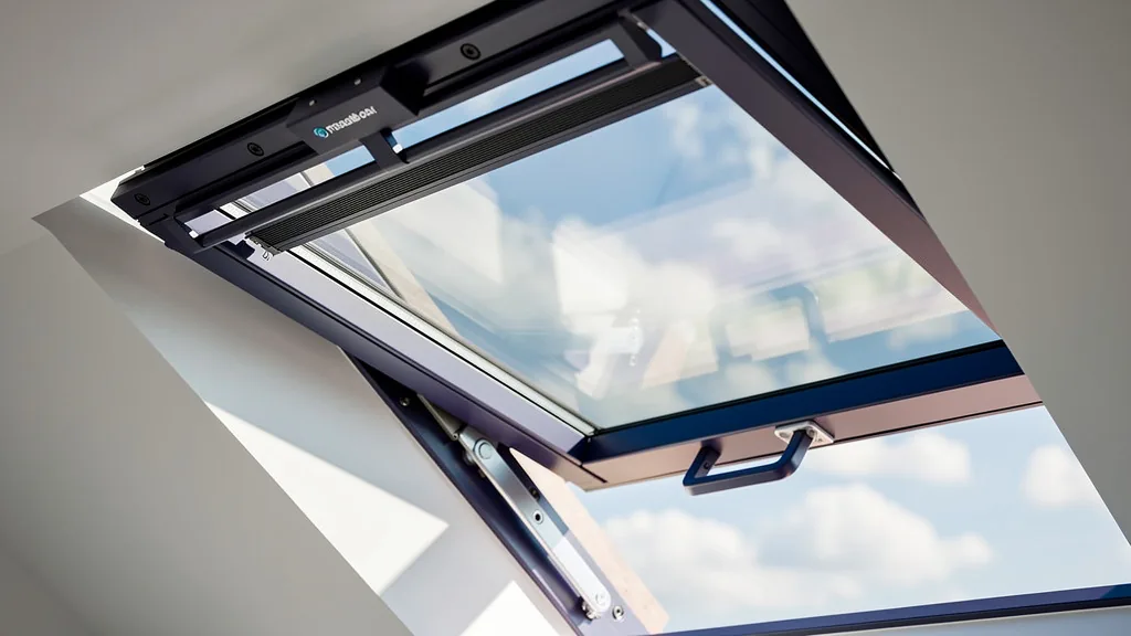 Open vented skylight in bright afternoon sunlight, NJ home
