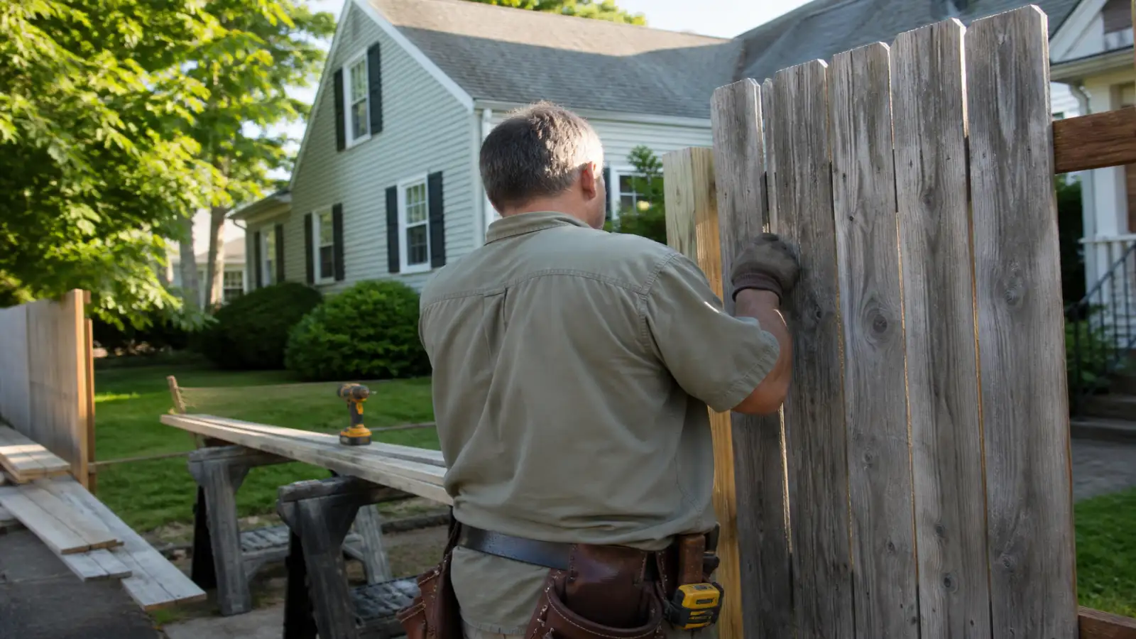Handyman repairing a cedar privacy fence in a suburban backyard, photographed from behind with no face visible