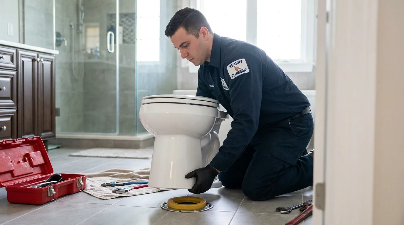 Plumber installing a new toilet in a NJ bathroom