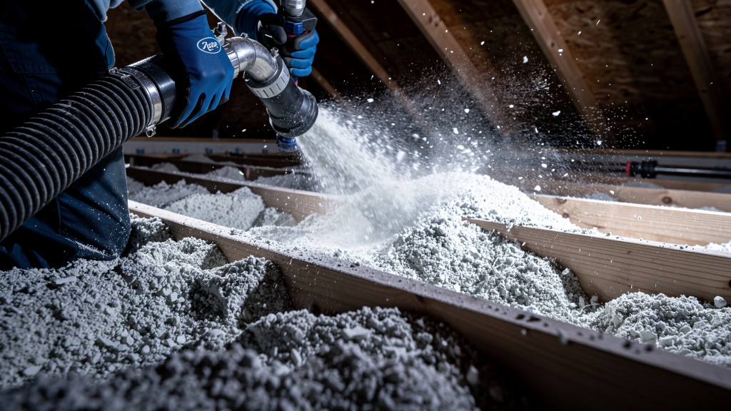 Blown-in cellulose insulation being applied between attic joists